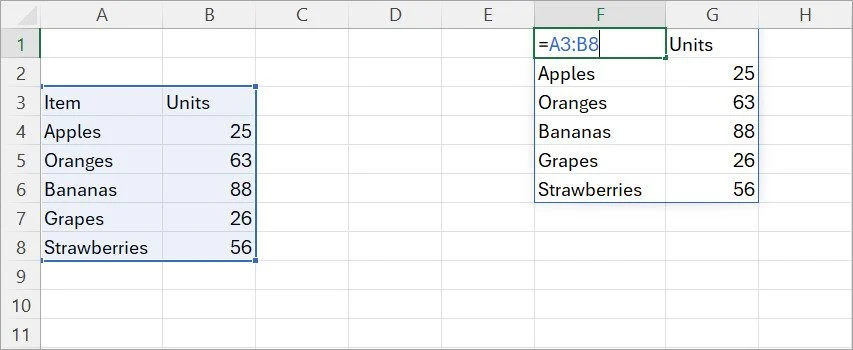 An Excel spreadsheet with two ranges of data displayed.