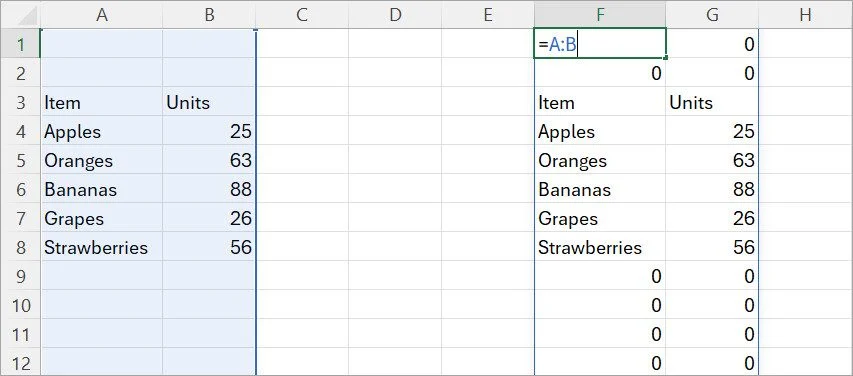 An Excel spreadsheet with two data ranges and a formula pointing to column A and B.
