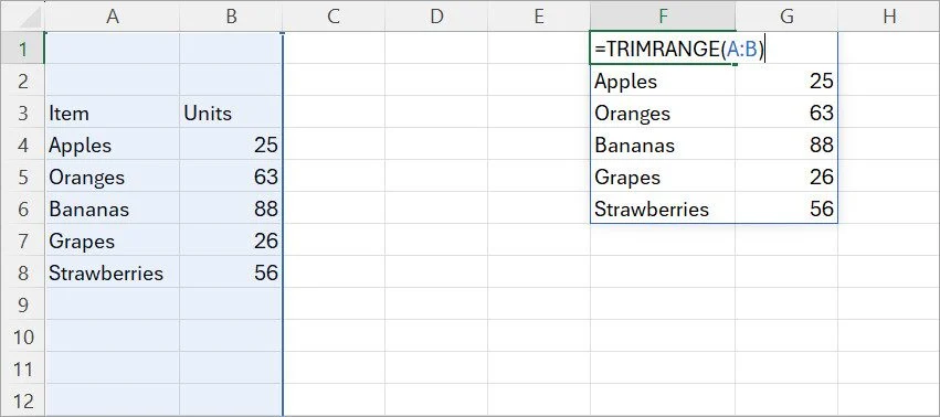 An Excel spreadsheet using the TRIMRANGE function to extract only the relevant data.