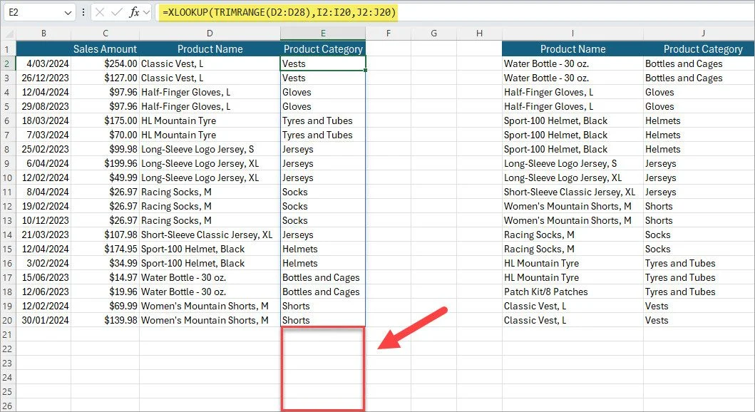 Excel XLOOKUP function using TRIMRANGE for better accuracy.
