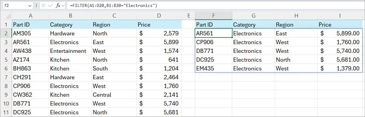 Screenshot of an Excel spreadsheet with a filtered list of data