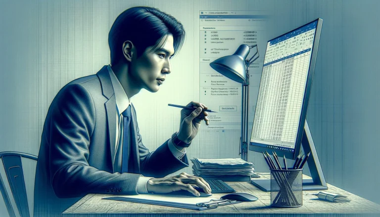 A man at a desk working on an Excel spreadsheet