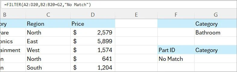 A screenshot of an Excel Filter Function used to display No Match 