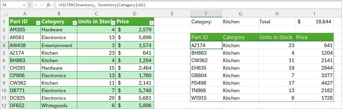 Screenshot of Excel Filter Function based on a Table