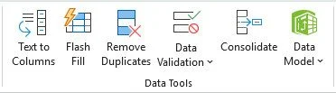 Data Tools group: Text to Columns, Flash Fill, Remove Duplicates, Data Validation, Consolidate, Data Model.