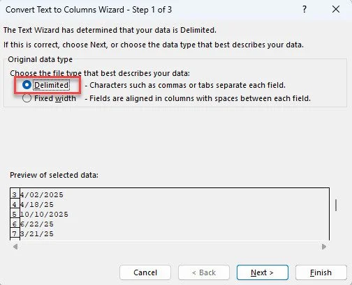 Excel Text to Columns Wizard, Step 1. 'Delimited' option selected to split data. 'Next' button highlighted.
