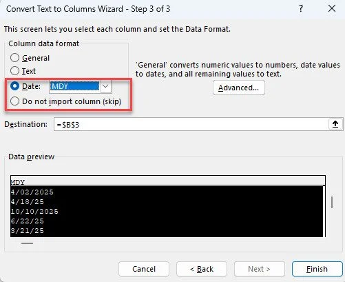 Excel's Convert Text to Columns Wizard, Step 3. "Date: MDY" is selected to format a column, with a preview showing dates like 4/02/2025.