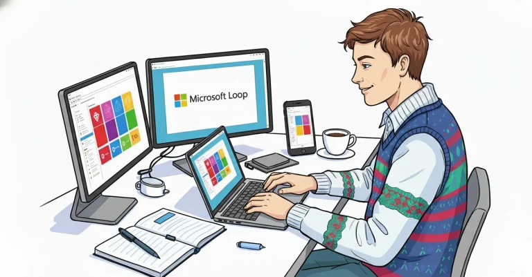 Person at desk with multiple screens displaying Microsoft apps. Large monitor shows "Microsoft Loop" logo.