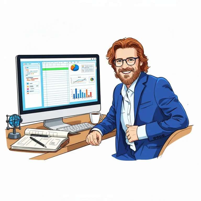 Happy businessman in glasses at desk with computer showing Excel data, notebook, and coffee.