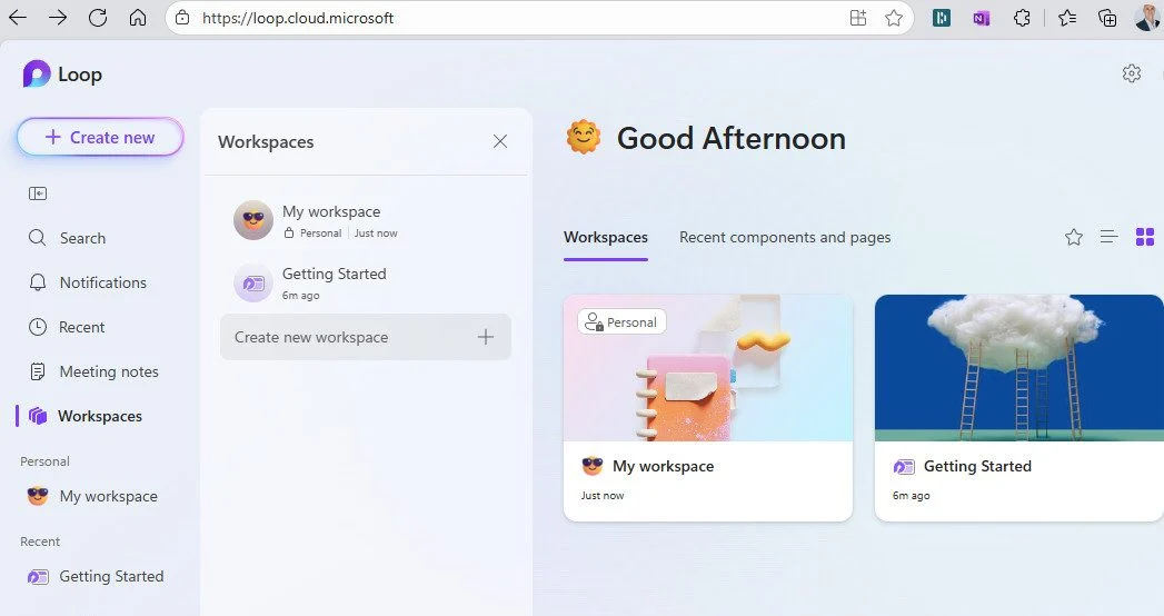 Screenshot of Microsoft Loop Workspaces page. It displays "My workspace" and "Getting Started" items, plus a prominent "Create new" button.