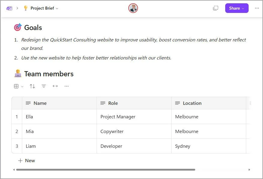 Project Brief for QuickStart Consulting: website redesign goals and a team list with Ella, Mia (Project Manager, Copywriter), and Liam (Developer).