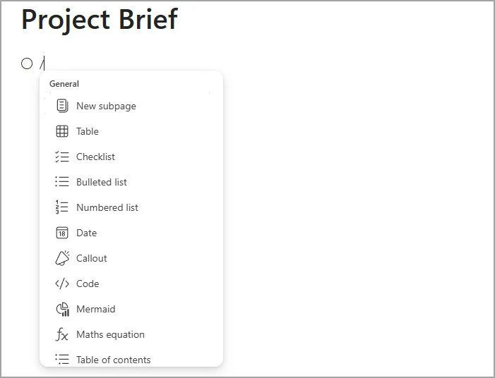 "Project Brief" document editor showing a content creation menu with options: subpage, table, lists, date, code, and equations.