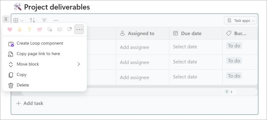 Screenshot: "Project deliverables" task list. A context menu shows options: Create Loop component, Copy page link, Move block, Copy, Delete.