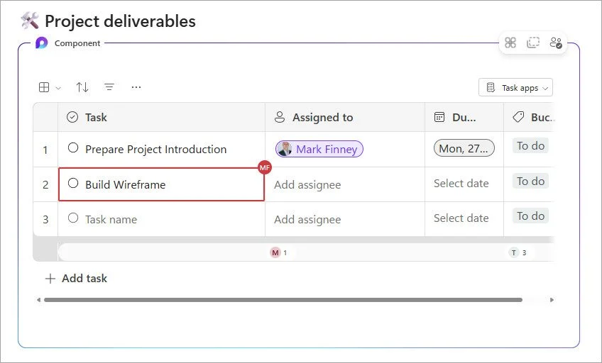 Project deliverables task list showing 'Build Wireframe' highlighted. 'Prepare Project Introduction' is assigned to Mark Finney.