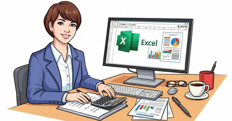 Smiling businesswoman at desk with computer displaying Excel spreadsheet, charts, and calculator.
