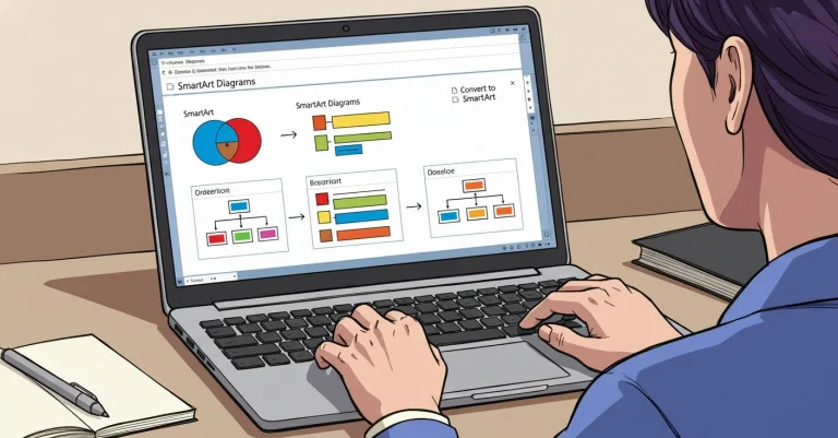 Person typing on a laptop displaying "SmartArt Diagrams" with charts and "Convert to SmartArt" option.