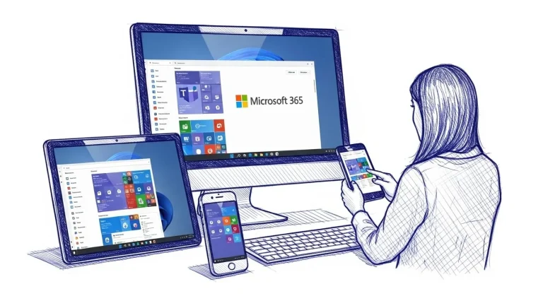 Sketch of a person sitting at a computer working on Microsoft 365 files.