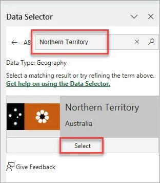 Data Selector window. Search bar shows "Northern Territory". Search result "Northern Territory, Australia" with flag and "Select" button.