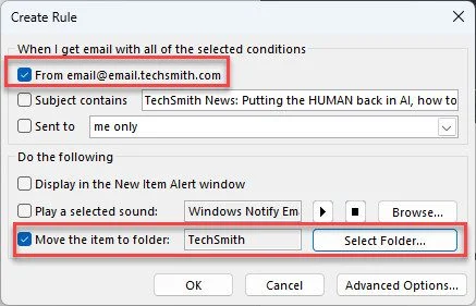 Outlook Create Rule dialog: emails from techsmith.com are set to move to the 'TechSmith' folder.