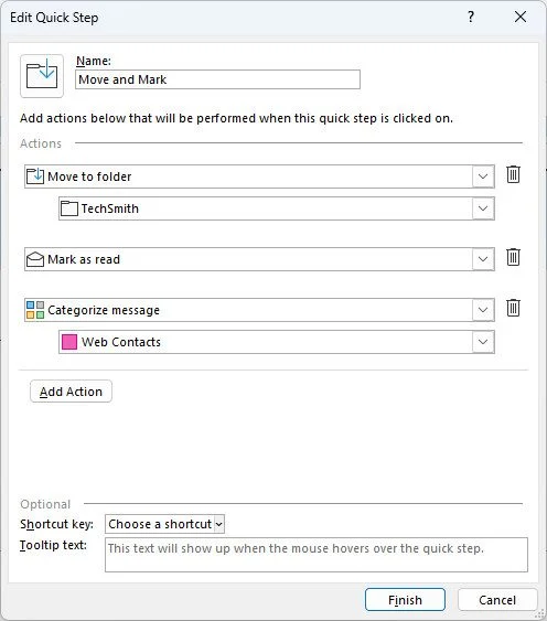 Outlook's "Edit Quick Step" dialog for "Move and Mark". Actions: Move to "TechSmith", Mark as read, Categorize "Web Contacts".