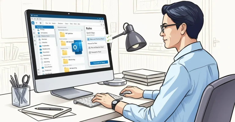 Man at desk uses computer with email client showing Outlook logo, "Rules" pop-up, and "Forward to Team" button.