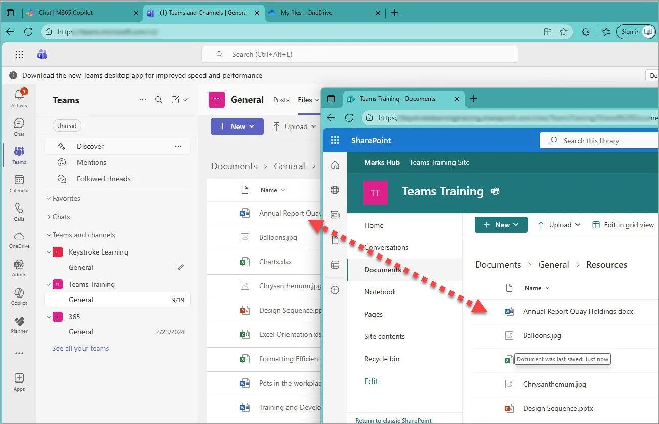 Image showing the same files stored in Teams and SharePoint