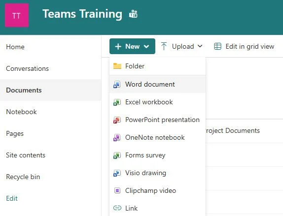 Image showing the New button in a SharePoint library with a list of options to create files.