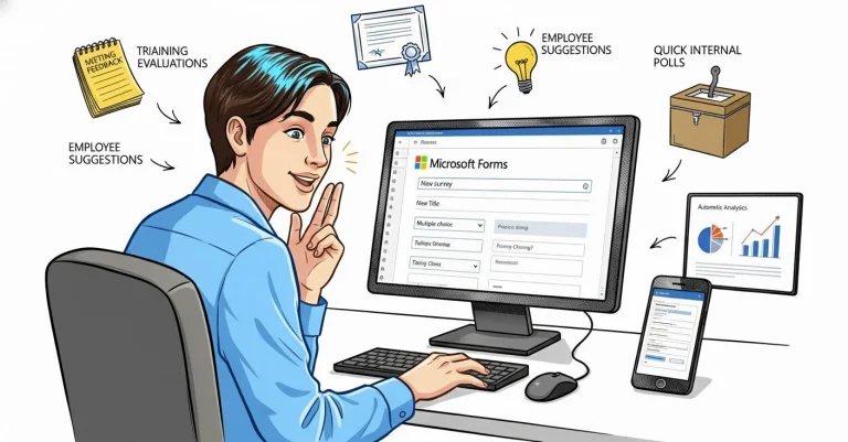 Person uses Microsoft Forms to collect meeting feedback, training evaluations, employee suggestions, and quick polls, with analytics.