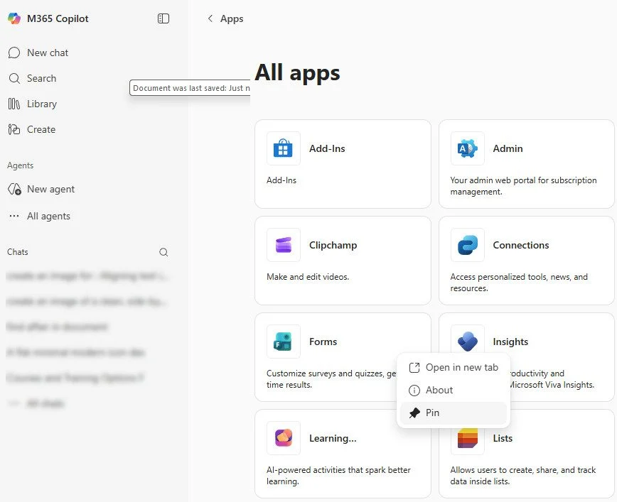 M365 Copilot All apps page with Forms selected. A menu for the Forms app offers 'Open in new tab,' 'About,' and 'Pin.'