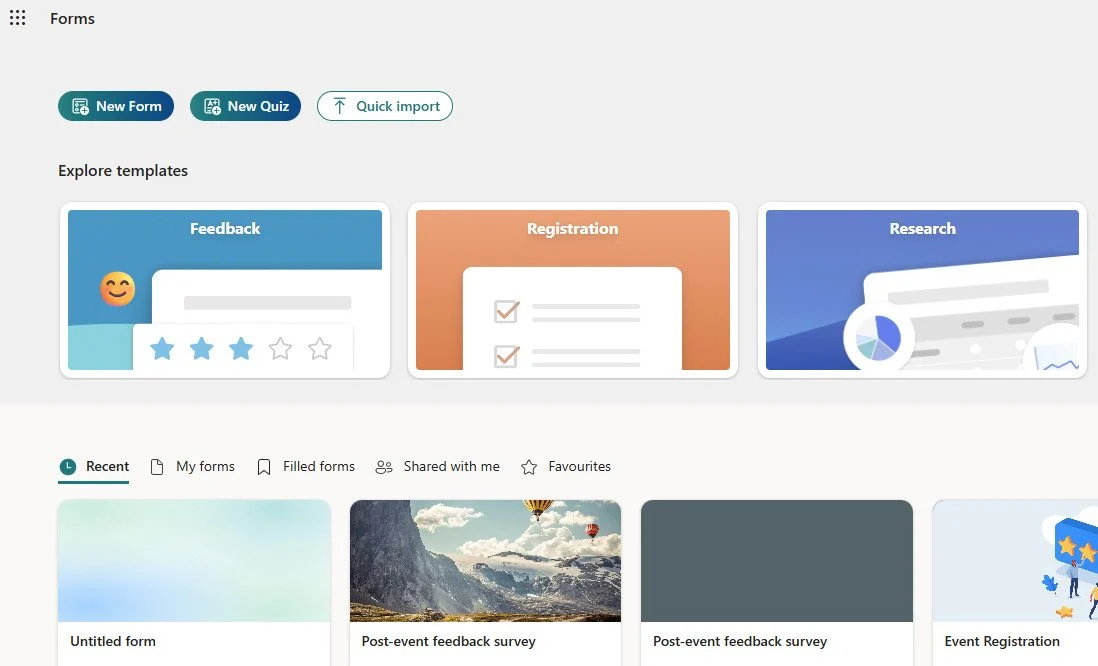 Forms dashboard with options for New Form, New Quiz, Quick import, and templates like Feedback, Registration, Research.