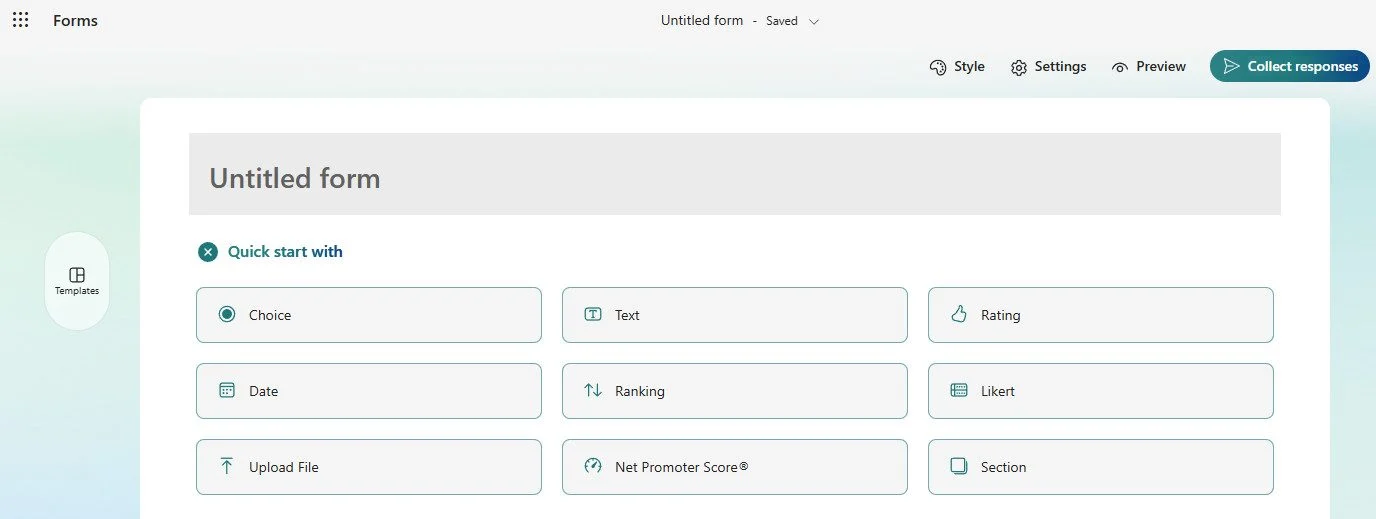 Forms editor creating an 'Untitled form.' Quick start choices: Choice, Text, Rating. Top actions: Style, Settings, Preview, Collect responses.