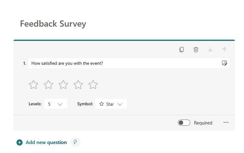 Feedback Survey interface showing a 5-star rating question: "How satisfied are you with the event?". It is set to 'Required'.