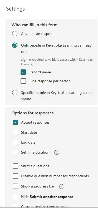 Form settings: 'Only people in Keystroke Learning can respond' and 'Record name' are checked. 'Accept responses' also checked.