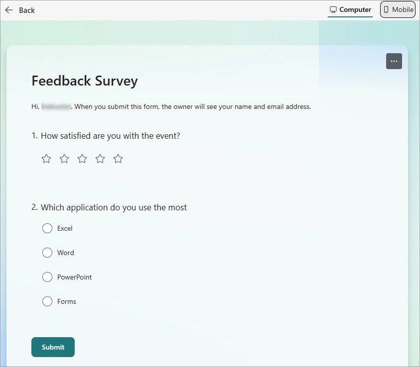 Feedback Survey form. Owner sees user's name/email. Questions: event satisfaction (stars) & most used app (multiple choice).