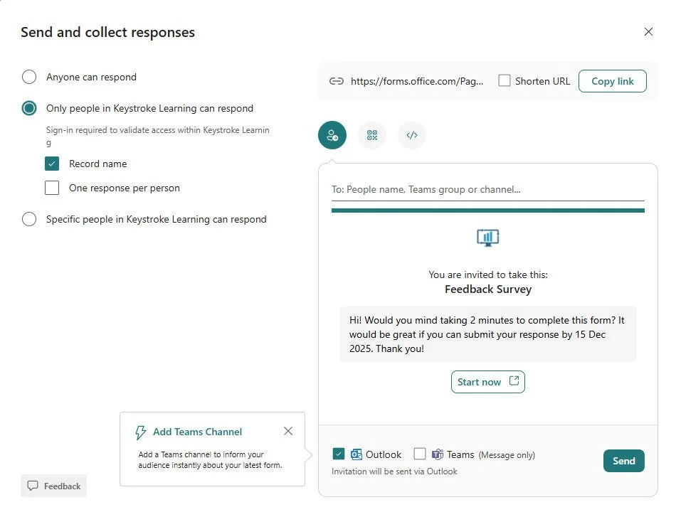 UI to send a "Feedback Survey." Targets "Only people in Keystroke Learning," shows Outlook invite preview with Dec 2025 deadline.