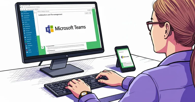An office worker using Microsoft Teams on a PC and phone.