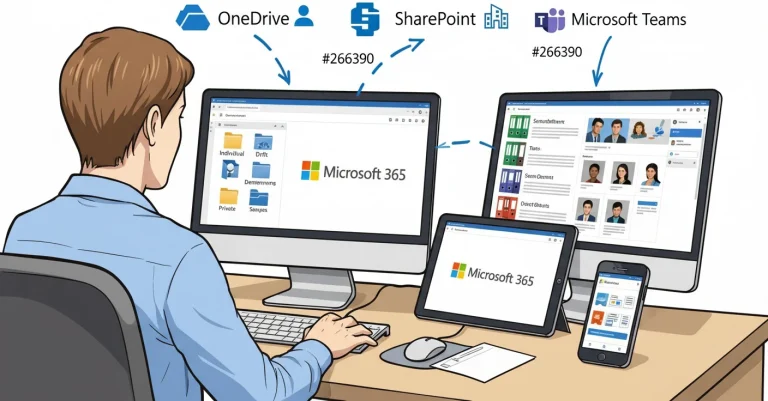 Person using Microsoft 365, OneDrive, SharePoint, and Teams across desktop, tablet, and phone.