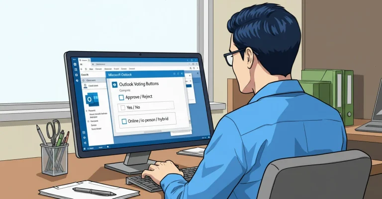 Person views Outlook voting buttons on computer screen: Approve/Reject, Yes/No, Online/in person/hybrid options visible.