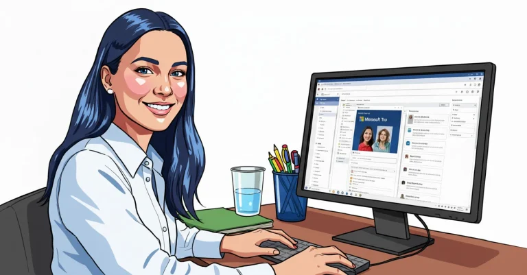 Illustration of a smiling woman typing on a keyboard at a desk, looking at a monitor displaying "Microsoft To Do."