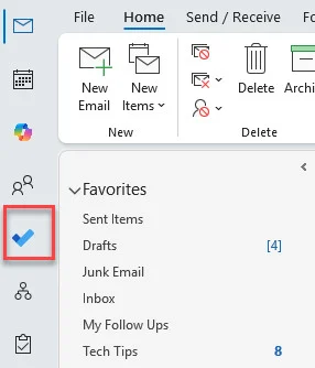 Microsoft Outlook: A blue checkmark icon for "Tasks" is highlighted in the left navigation pane, above the "Favorites" folder list.
