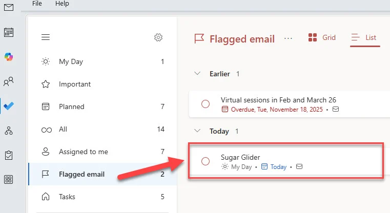 Flagged email list in an app, showing an overdue "Virtual sessions" and "Sugar Glider" for today.
