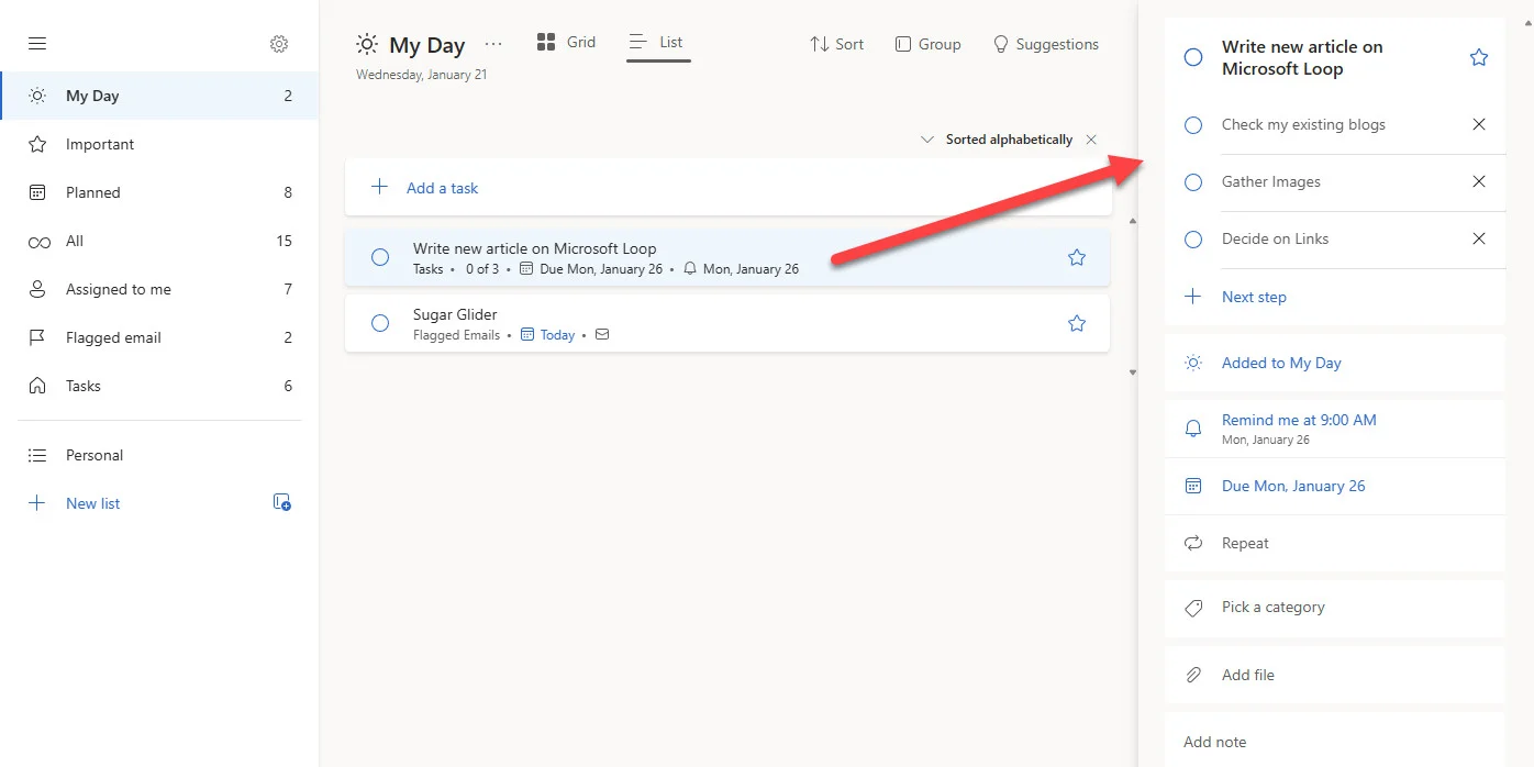 Microsoft To Do 'My Day' screen. 'Write new article on Microsoft Loop' task is selected, showing subtasks, reminder, and due date.